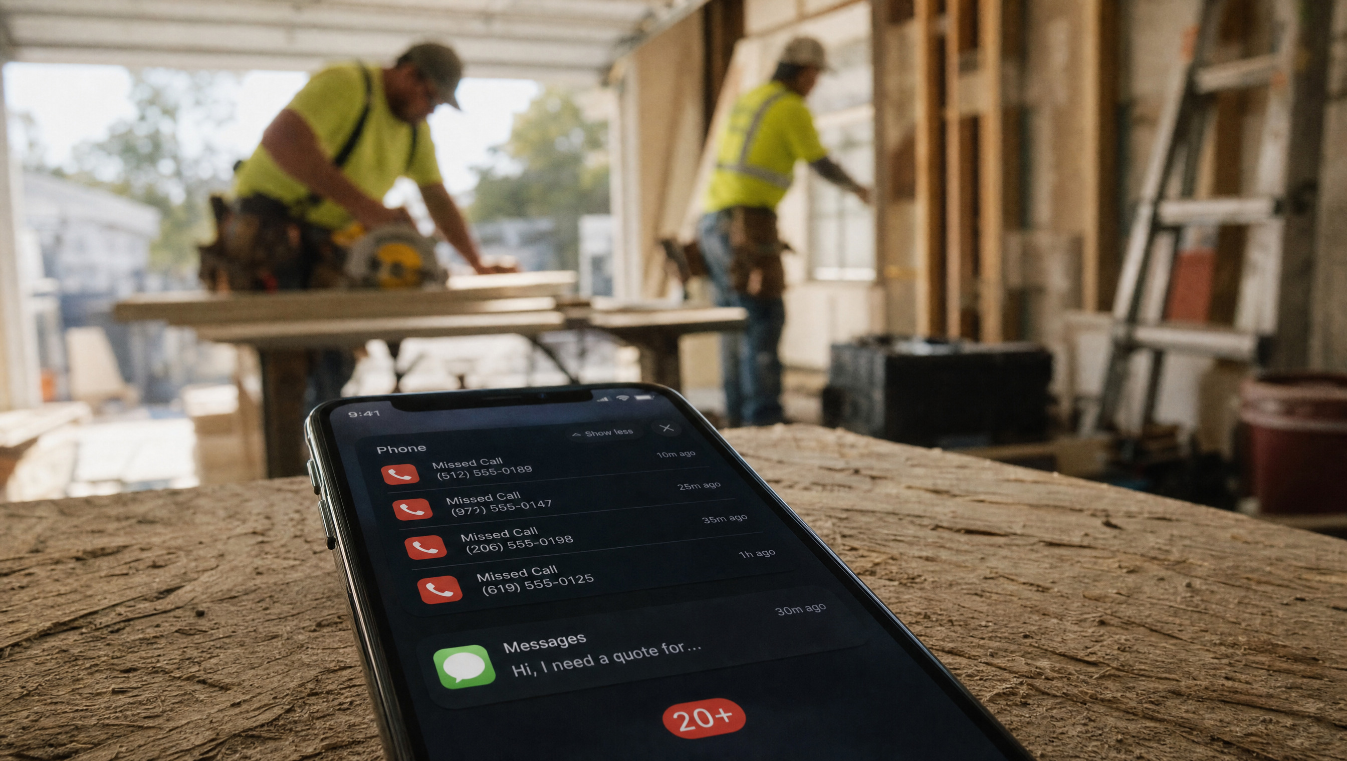 Phone showing 20+ missed calls while contractors work in the background